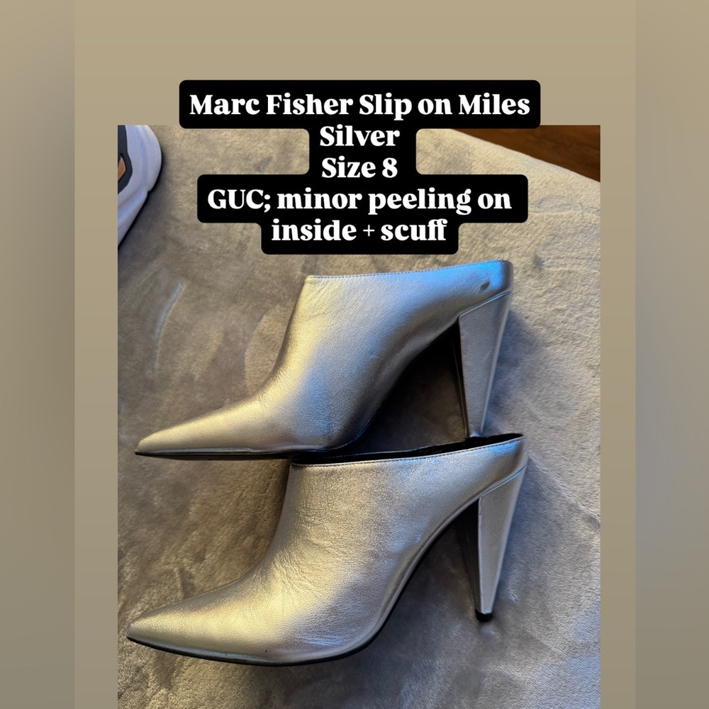 Marc Fisher silver slip on heeled mules